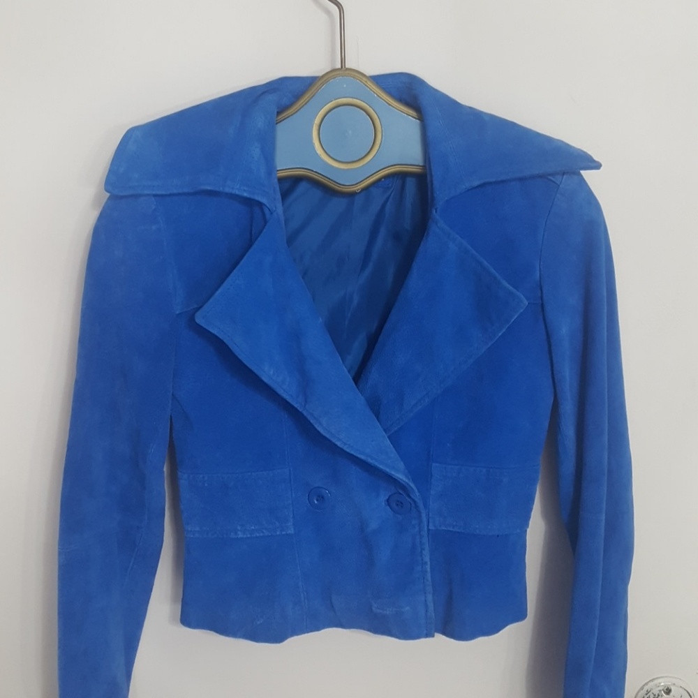 Vintage French Blue leather Suede moto jacket XS - Picture 1 of 4